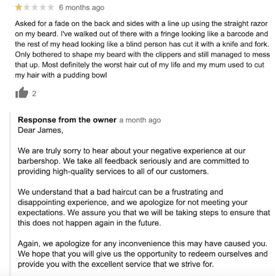 Google Review Example Response