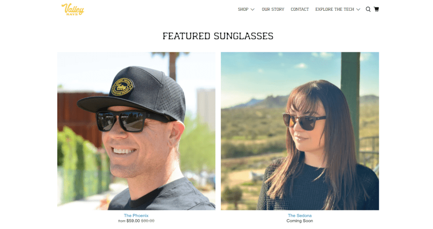 Valley Rays webpage with two images of people wearing their sunglasses, with the prices underneath.