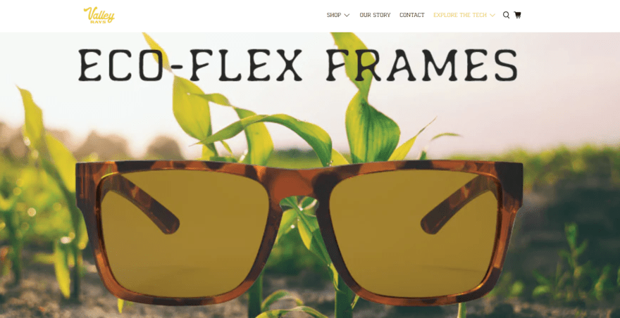 Valley Rays webpage showing a big pair of sunglasses over a background of plants with the title 'Eco-Flex Frames' in black at the top.