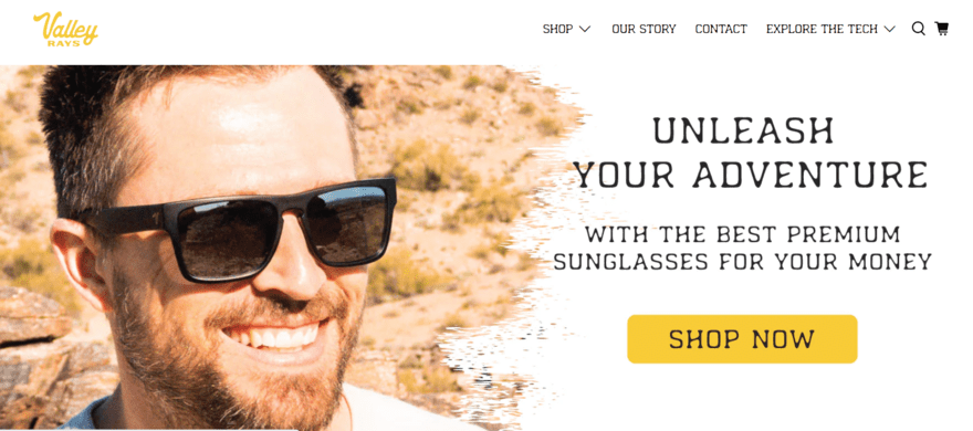 Valley Rays homepage with an image of a man wearing sunglasses on the left and black text on the right.