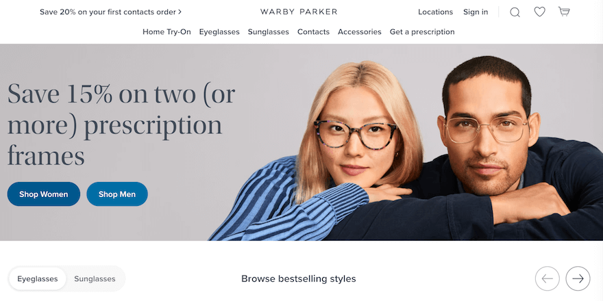 Warby Parker website homepage screenshot