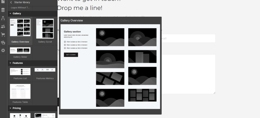 Webflow's website editor showing its gallery elements