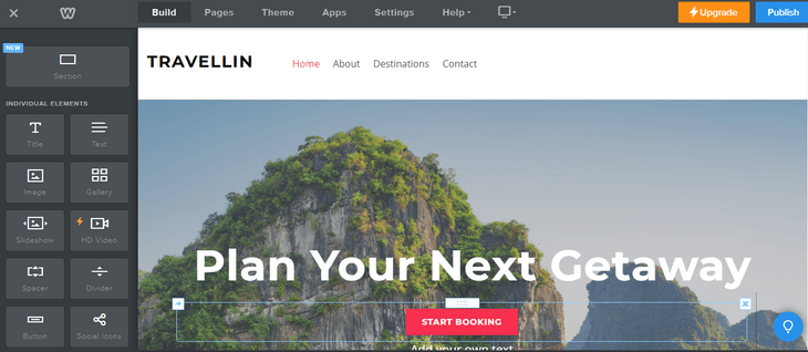 weebly drag and drop editor will toolbar on the left and a travel website to be edited with tropical mountain and white text