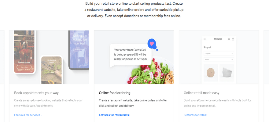 Breakdown of key features for your Square Online website, including booking appointments and online food ordering