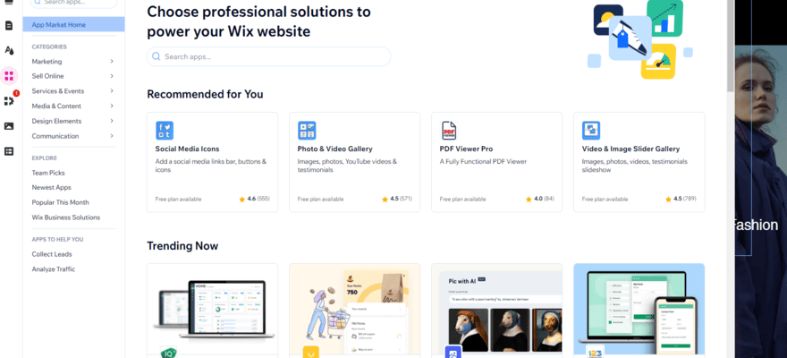 An image of the Wix app market homepage, showing a variety of apps, next to the Wix editor toolbar on the far left.
