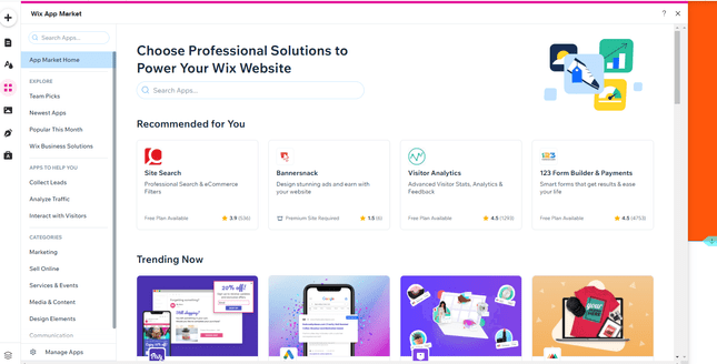 Wix App Market with menu sidebar to the left and rows of apps