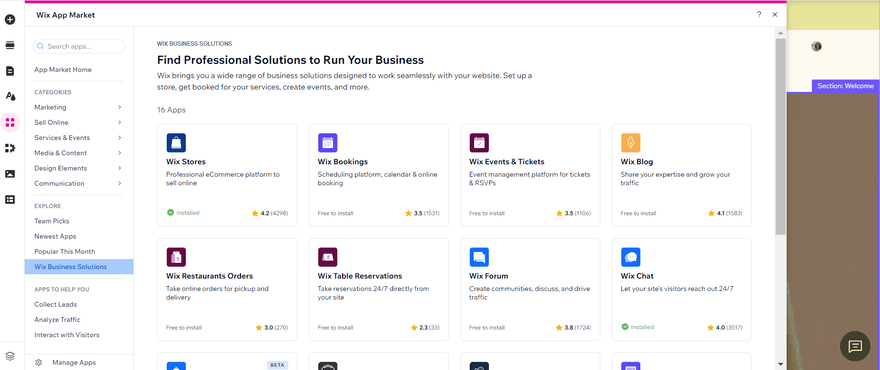 Selection of Wix business solution apps