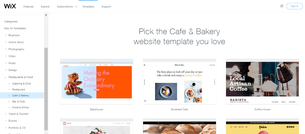 Wix café and bakery template examples