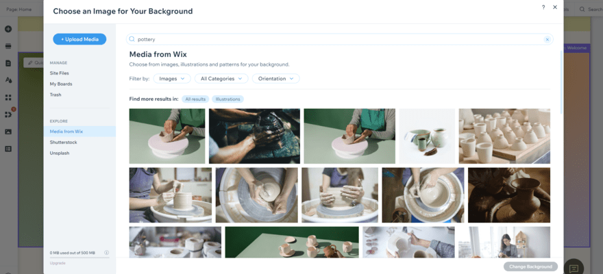 Image library popup to add or change an image on Wix demo website
