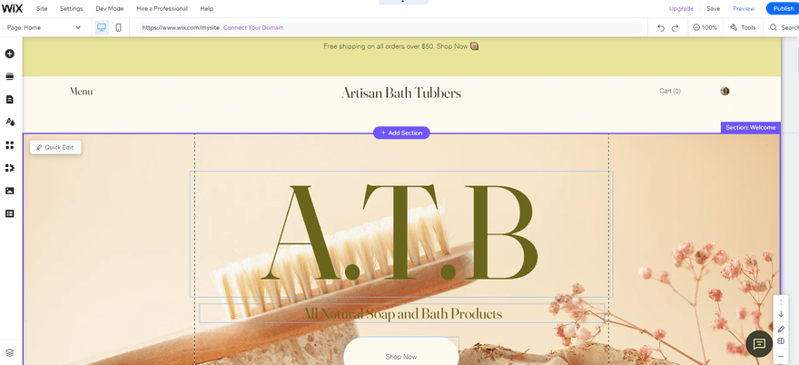 A backend look at a Wix website with a new image of soaps and a brush