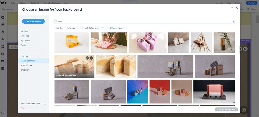 Choose a background pop up in Wix editor with a selection of images you can choose from