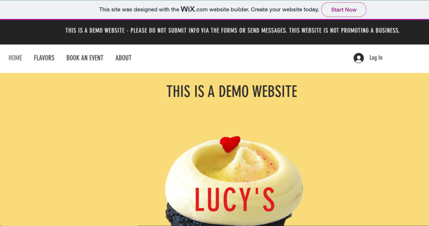 Wix ad displayed on demo Wix website for Lucy's Cupcakes