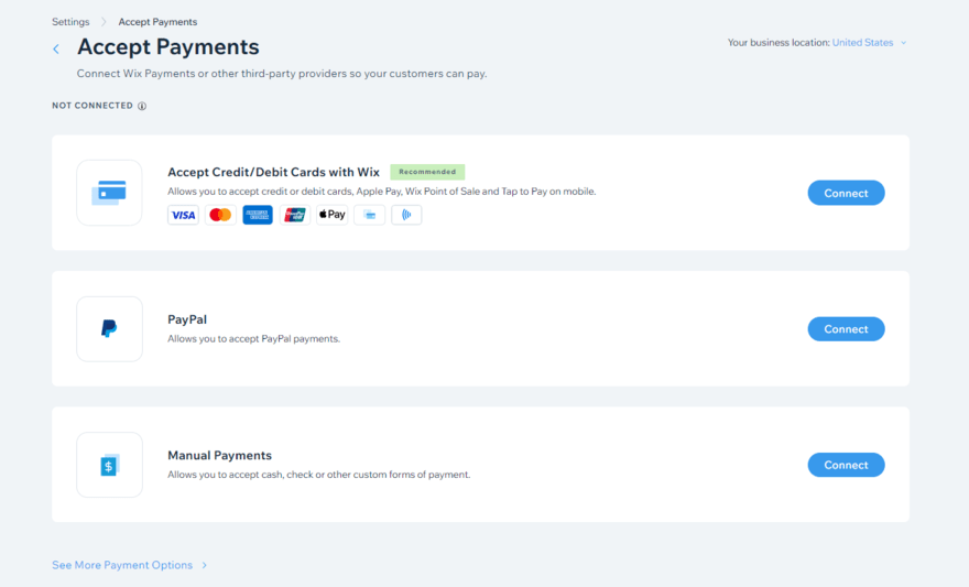 Dashboard to connect Wix Payments and other payment providers