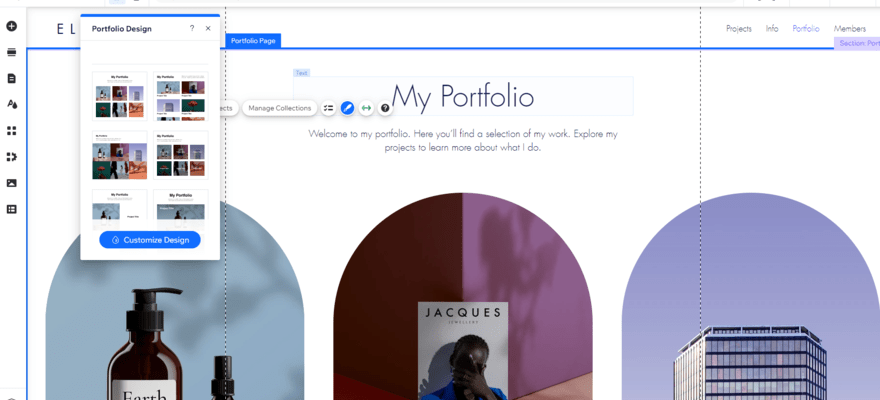 A portfolio-specific page in Wix's website editor