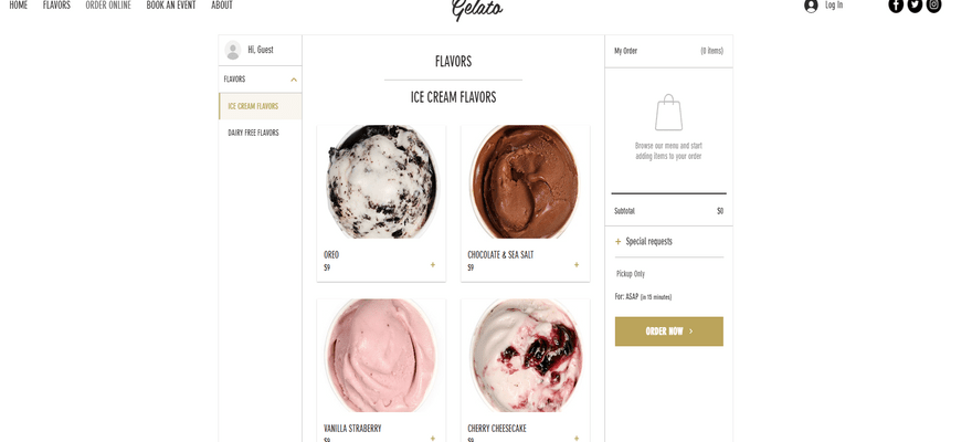 wix restaurant template gelato order online