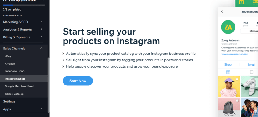 Ad to start selling products on Instagram in Wix's backend