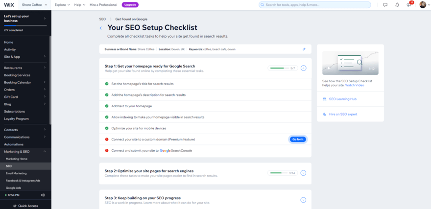 Checklist of SEO steps in Wix's dashboard