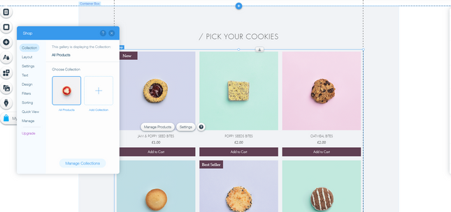 Wix ecommerce editor with pastel bakery store and editor UI in the left foreground