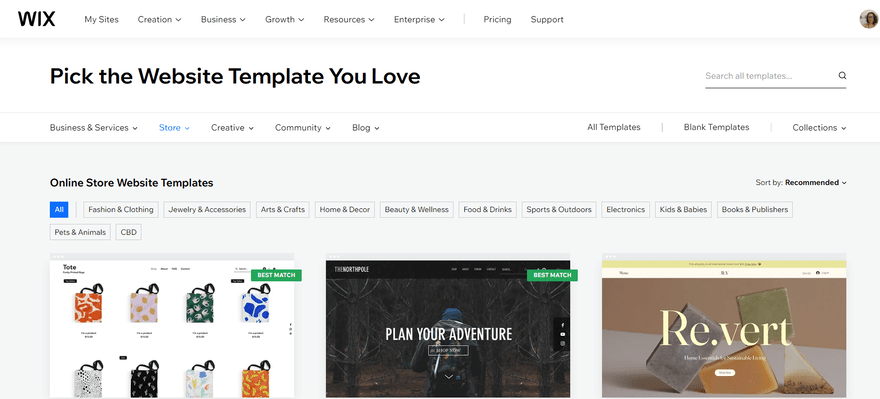 Wix template gallery showcasing a selection of three themes