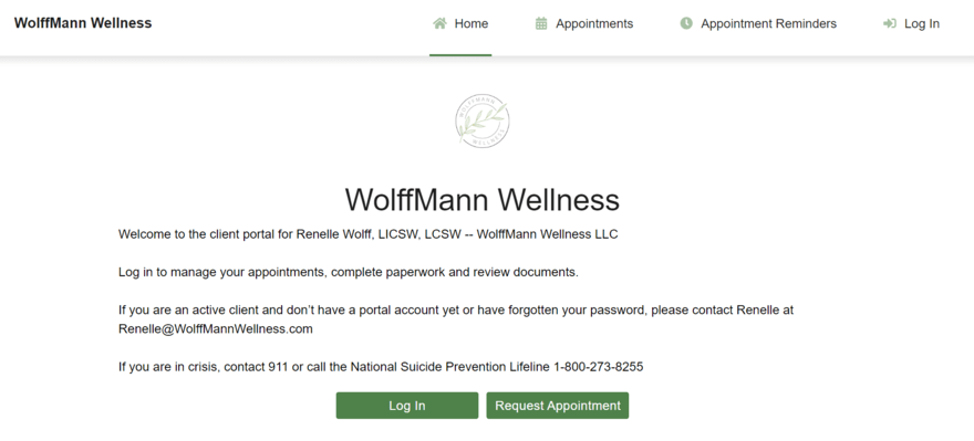 Client portal page on WolffMann Wellness website