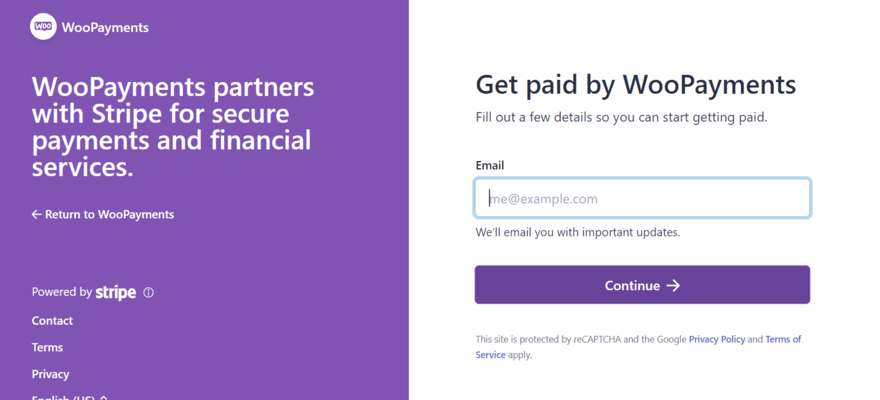 WooCommerce payments sign up page