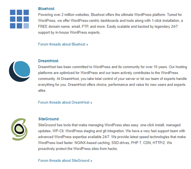 wordpress recommended hosting featuring bluehost, dreamhost and siteground