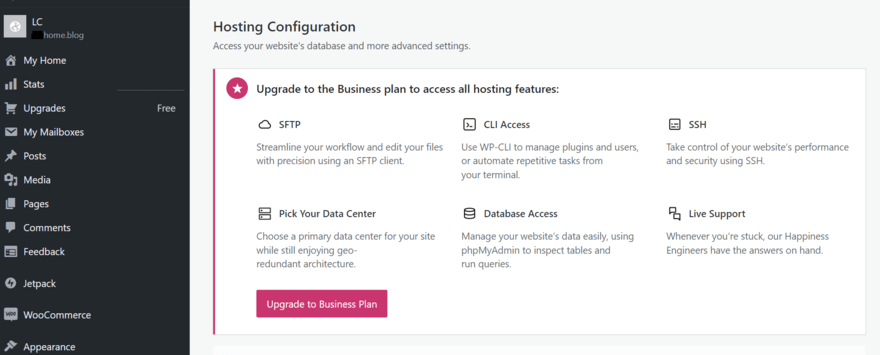 WordPress.com dashboard Hosting Configuration settings